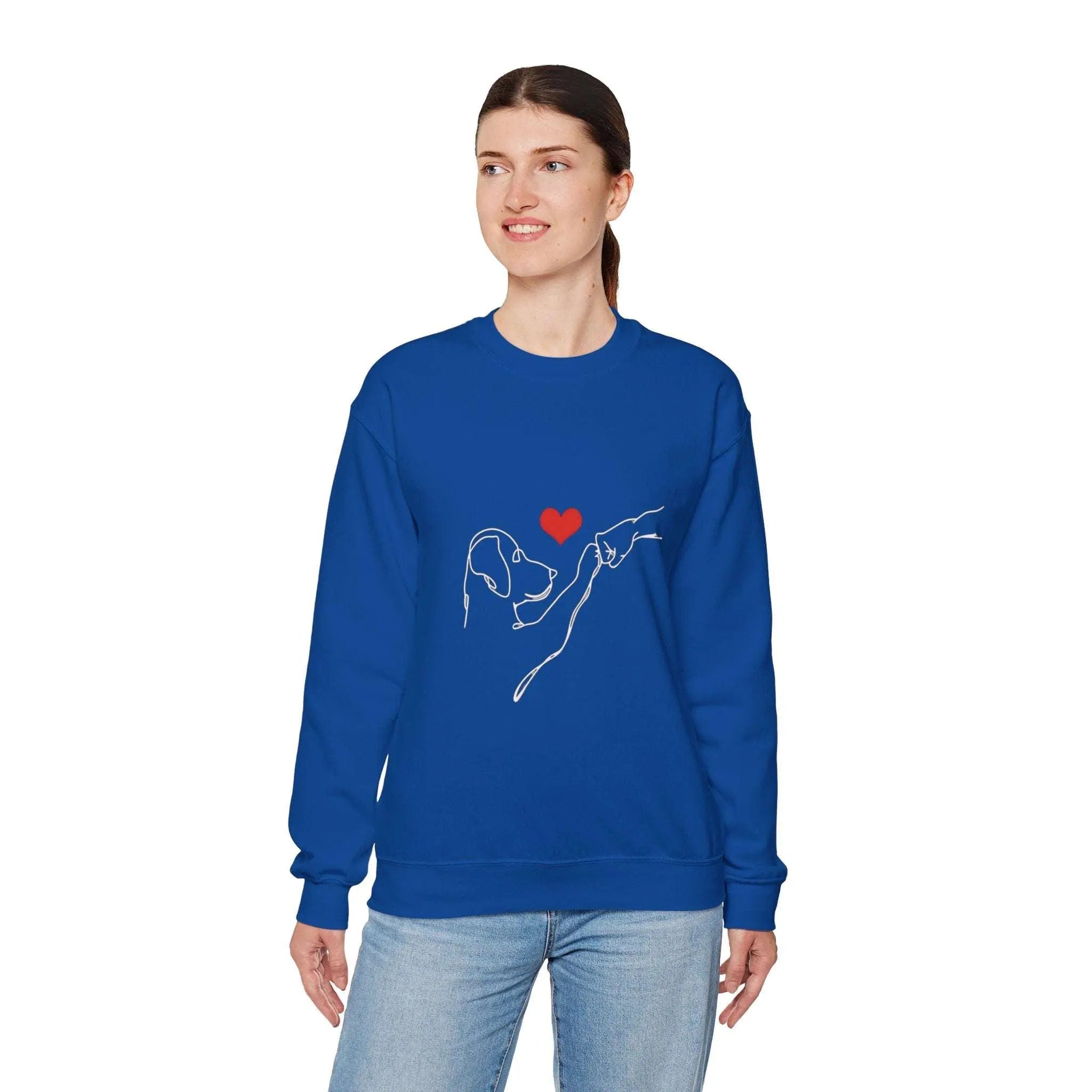 Dog and Hand Line Art Heart Crewneck Sweatshirt - Barking Trends