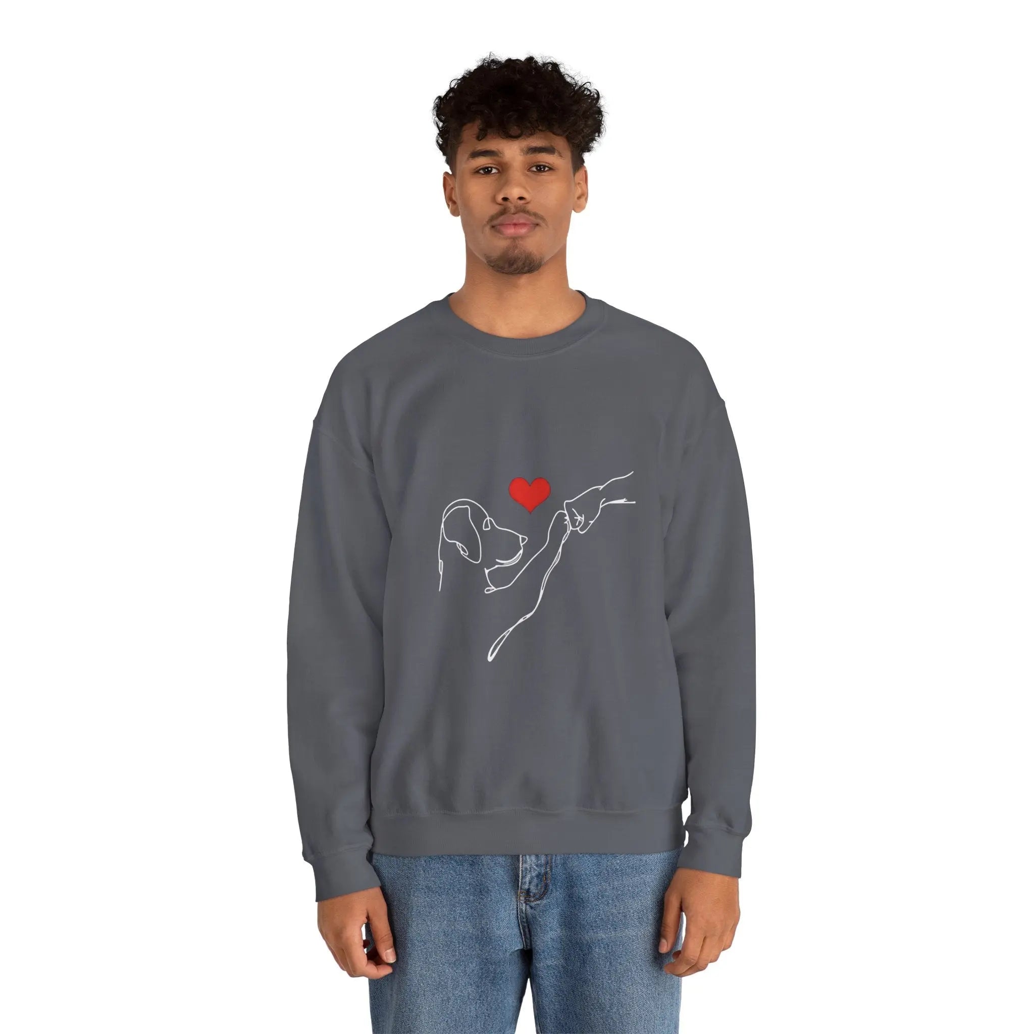 Dog and Hand Line Art Heart Crewneck Sweatshirt - Barking Trends