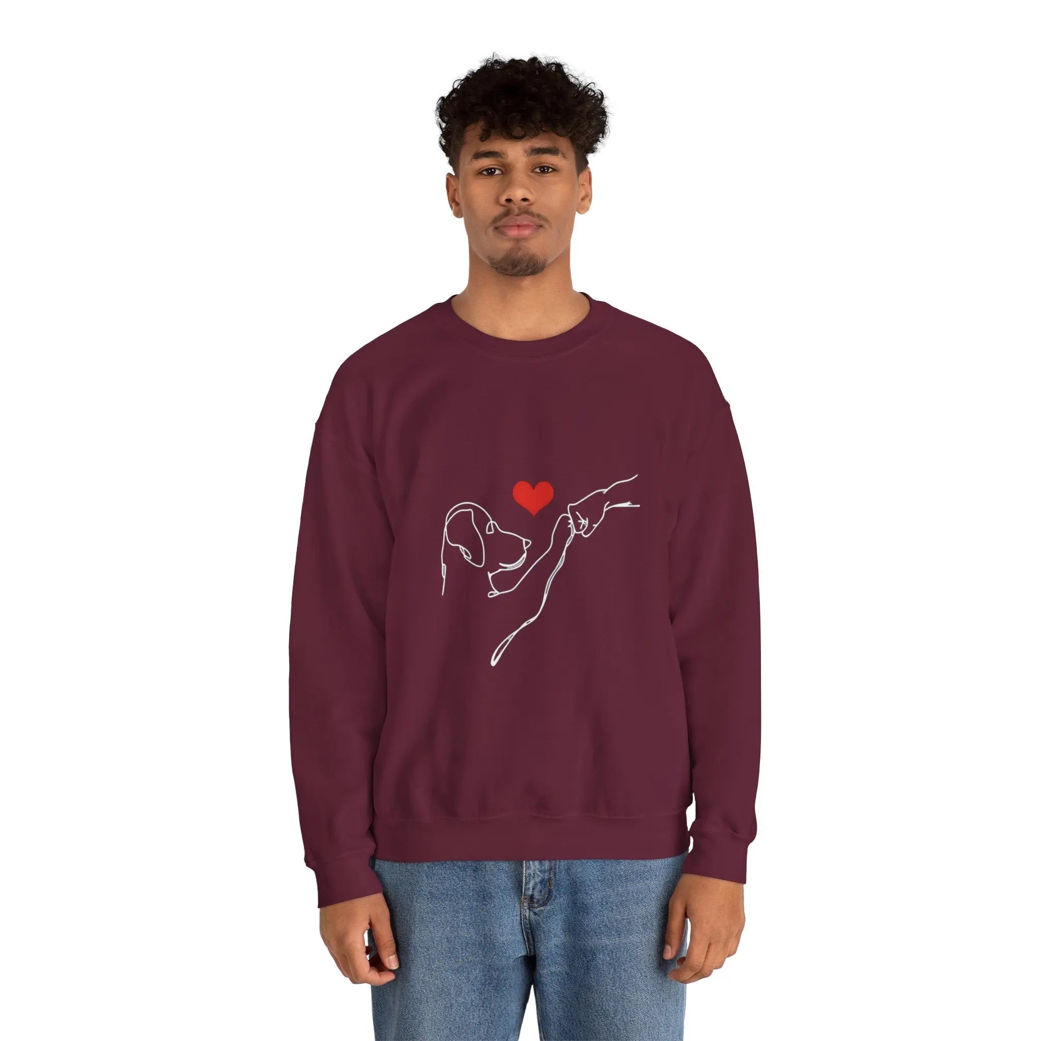 Dog and Hand Line Art Heart Crewneck Sweatshirt - Barking Trends